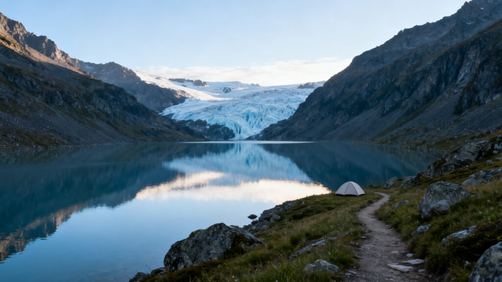 Bivouac discret près d’un lac face à une langue glaciaire