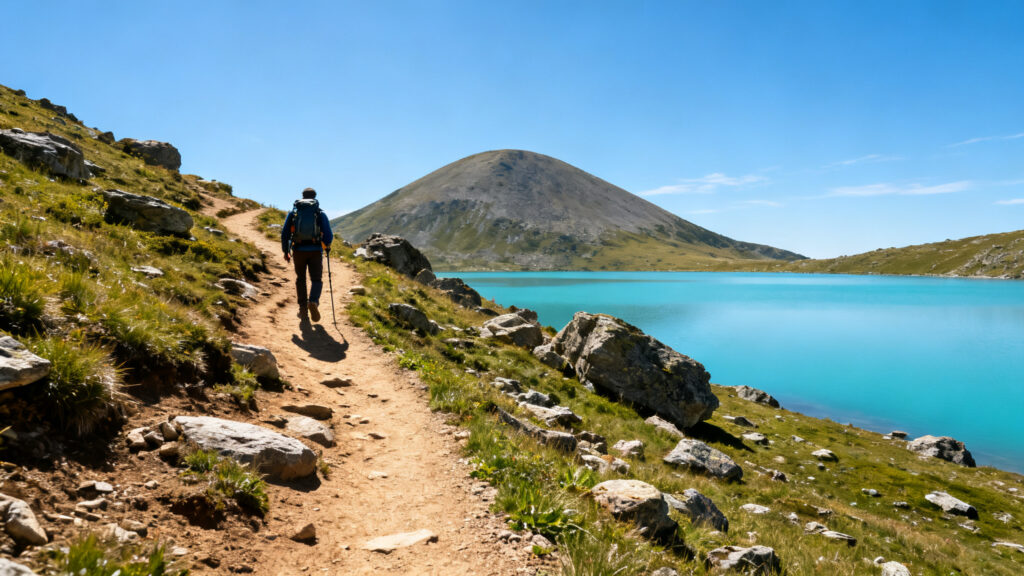 Lacs turquoise sous un sommet arrondi et sentier de montagne clair