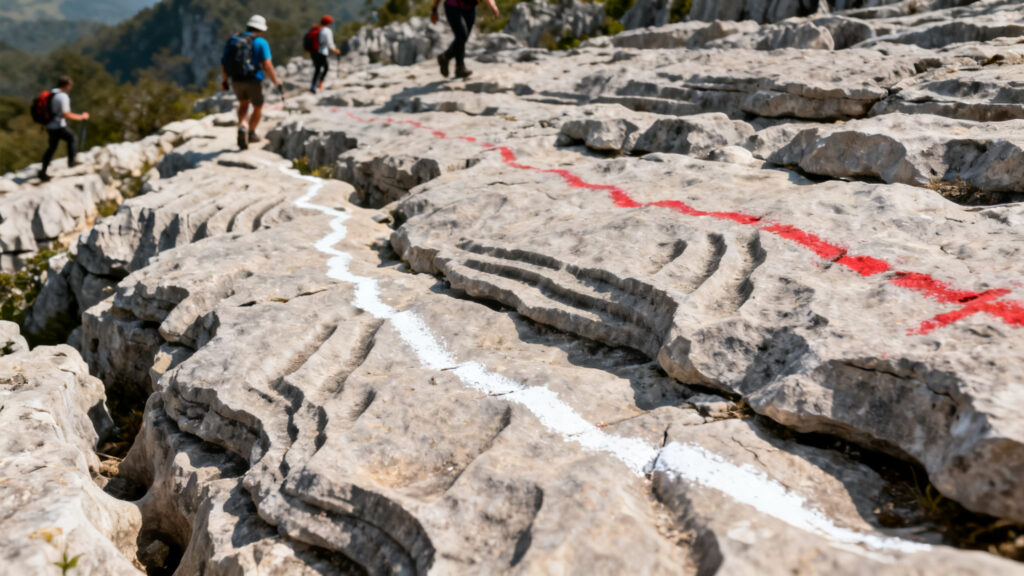 Lapiaz et balisage, longue boucle du balcon est du Vercors