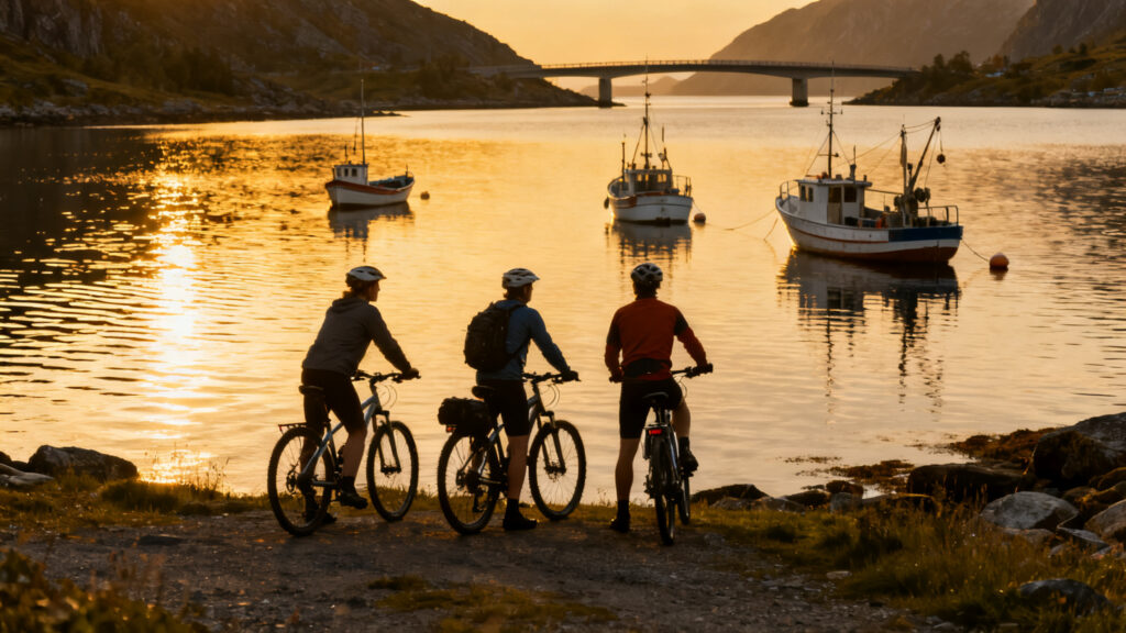 Cyclistes longeant un fjord intérieur du Limfjord