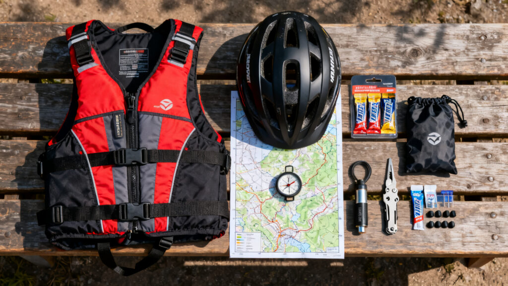 Gilet, casque, carte, boussole et kit de réparation alignés