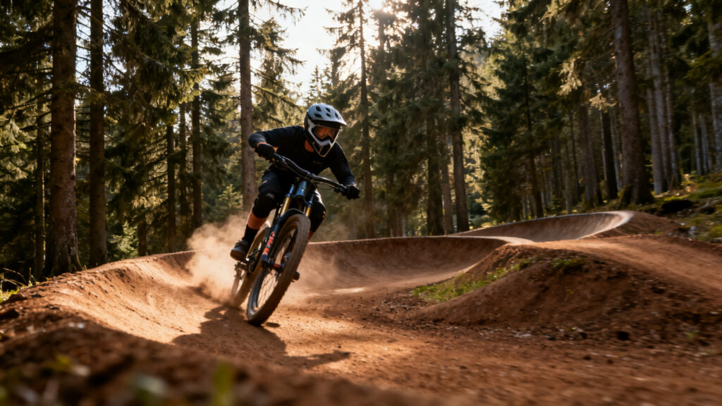 Descente en bike park sur singles forestiers jurassiens