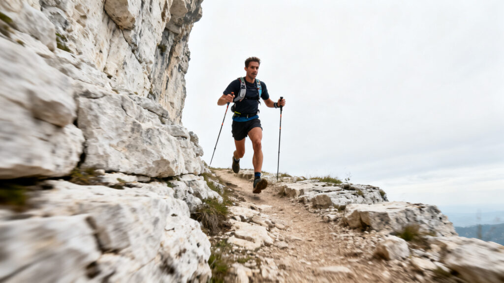 Coureur avec bâtons sur monotrace rocheuse exposée