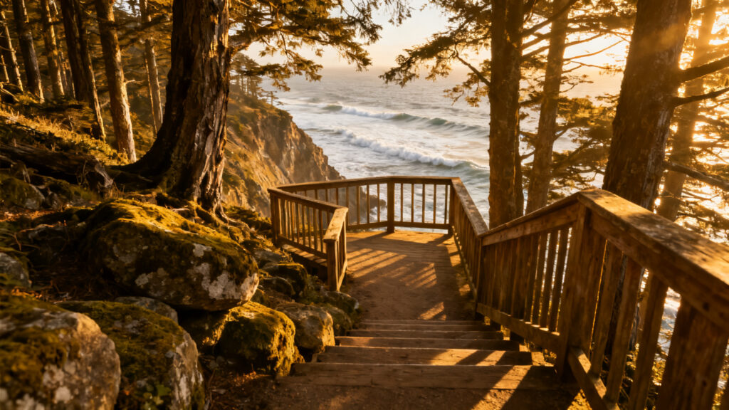 Escaliers en bois sur sentier balcon au-dessus de l’océan