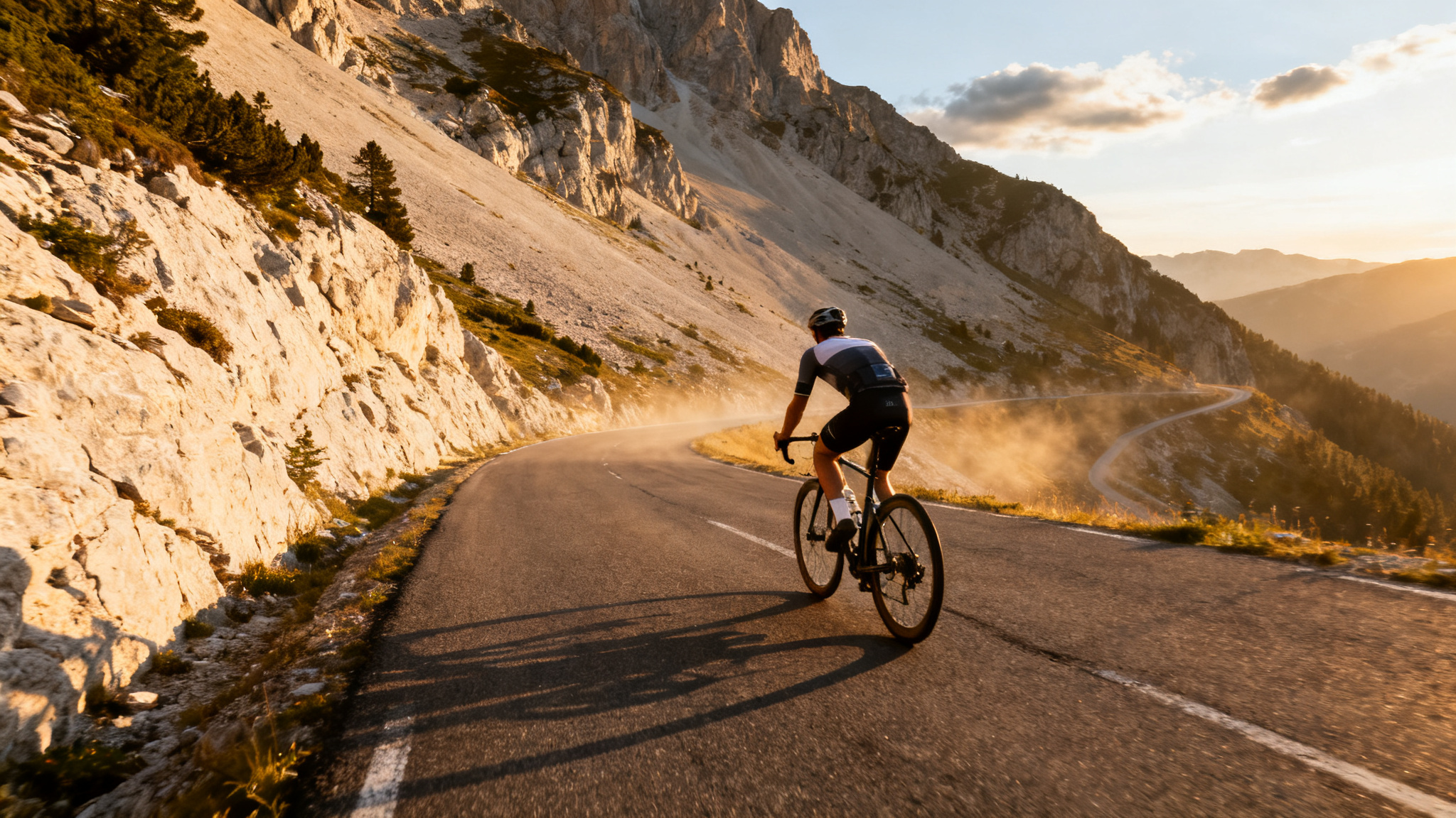 Cycliste sur le Mont Ventoux à vélo, pente et virages
