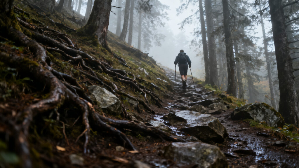 Montée à environ 10-12 % sur sentier forestier humide