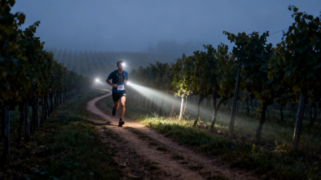 Coureur de nuit à la frontale sur single-track viticole