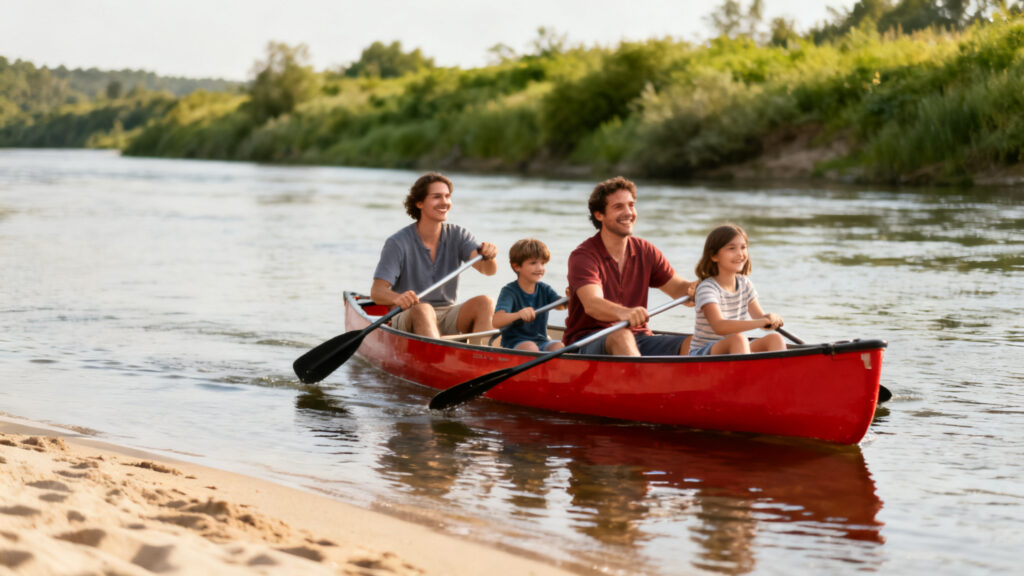 Famille en canoë sur Loire calme avec bancs de sable