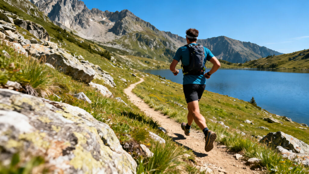 Coureur sur monotrace au bord d’un lac, dénivelé D+ en montagne