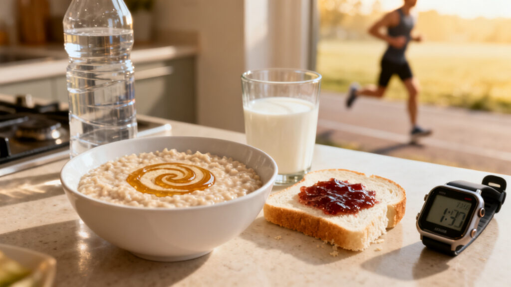 Petit déjeuner avant trail avec porridge et pain confiture