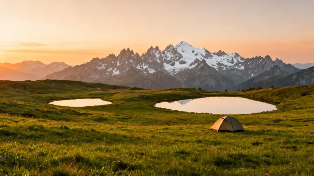 Tente discrète sur plateau alpin avec lacs d’altitude au crépuscule