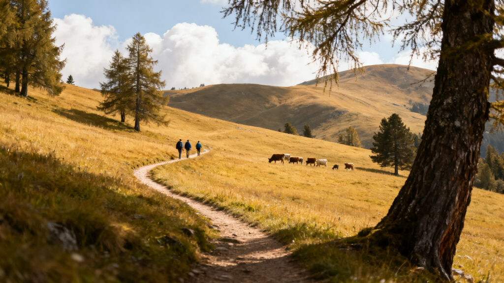 Alpages ouverts et sentier, plateau d’altitude du Vercors