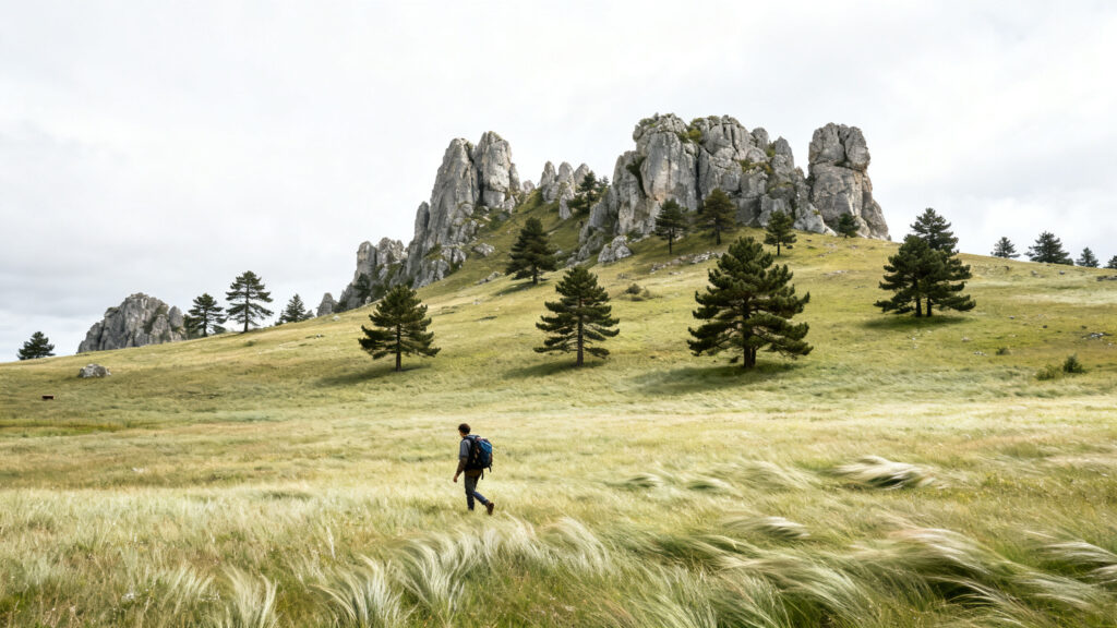 Marcheur traversant un haut plateau karstique aux pins clairsemés