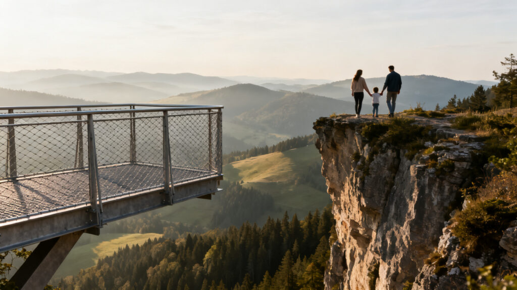 Plateforme suspendue et panorama boisé, balade famille vercors