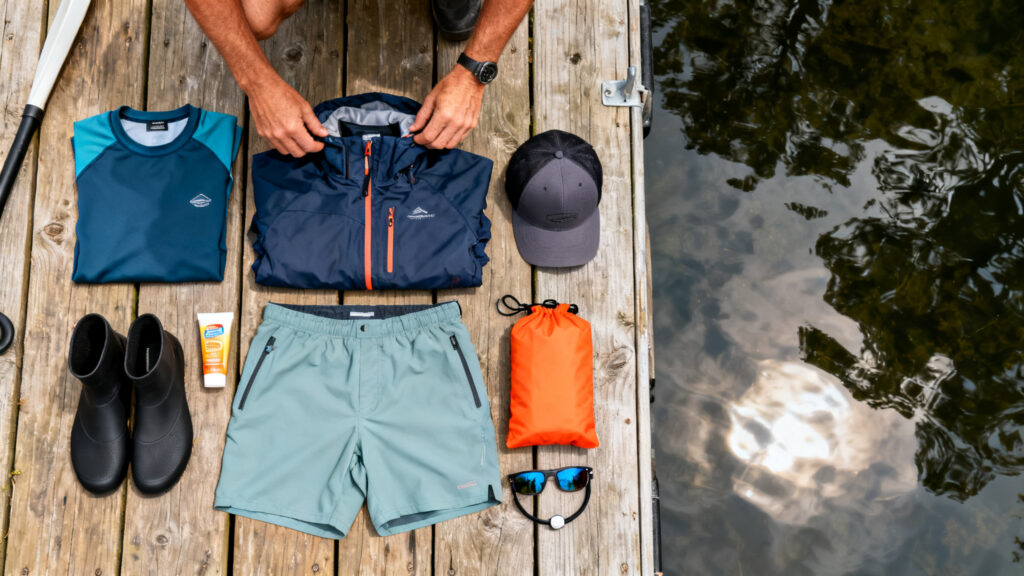Vêtements canoë kayak posés sur un ponton, t-shirt anti-UV et anorak