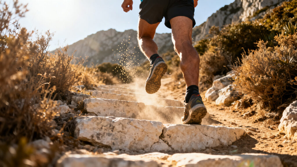 Montée sur single calcaire illustrant le D+ et les appuis