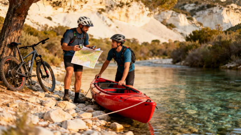 Duo entre canoë et VTT, ambiance Raid VTT Vallis Clausa à Fontaine-de-Vaucluse