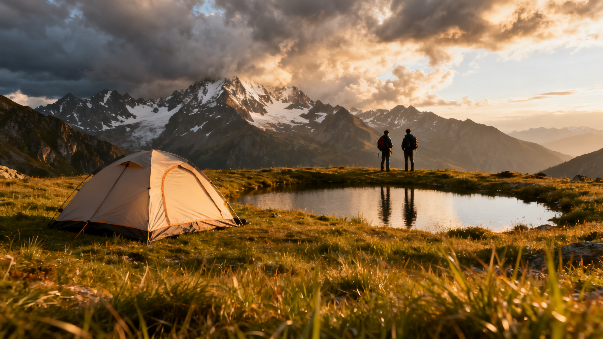 Tente et randonneurs lors d’une randonnée bivouac de 2 jours près d’un lac alpin