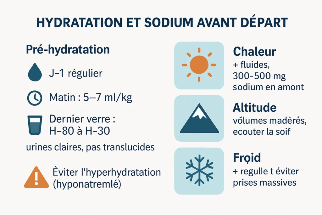 Schéma hydratation pré-course et sodium selon la météo