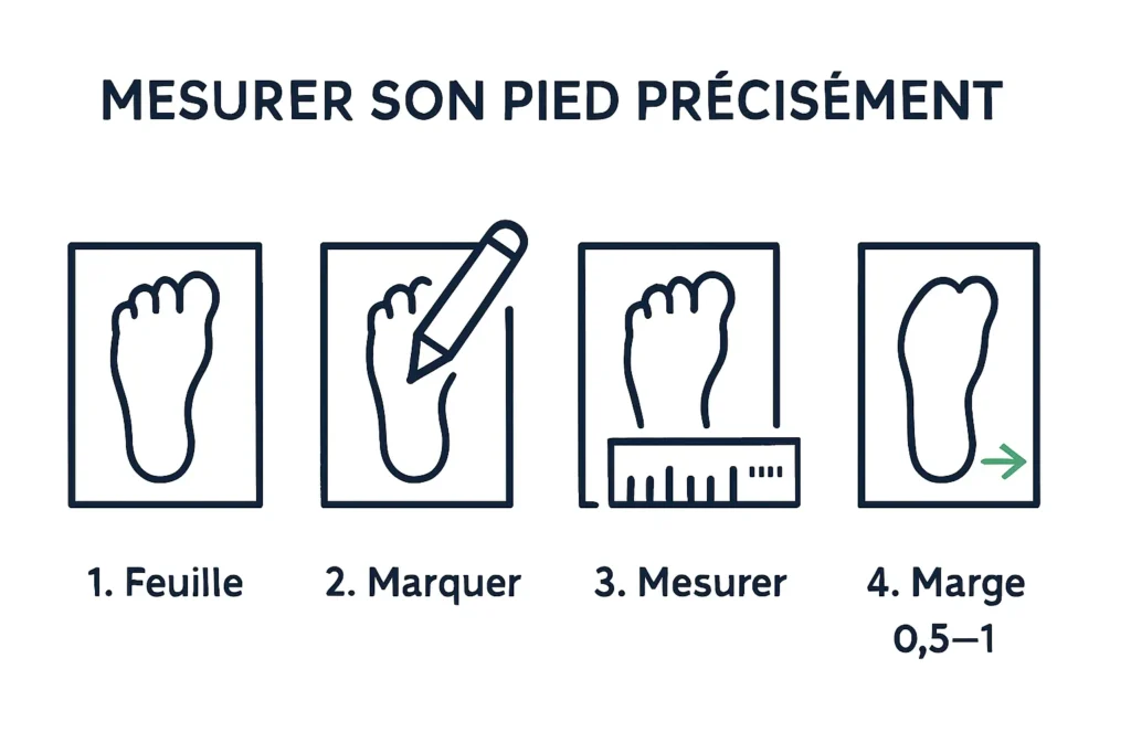 Schéma de mesure du pied et marge 0,5 à 1 pointure