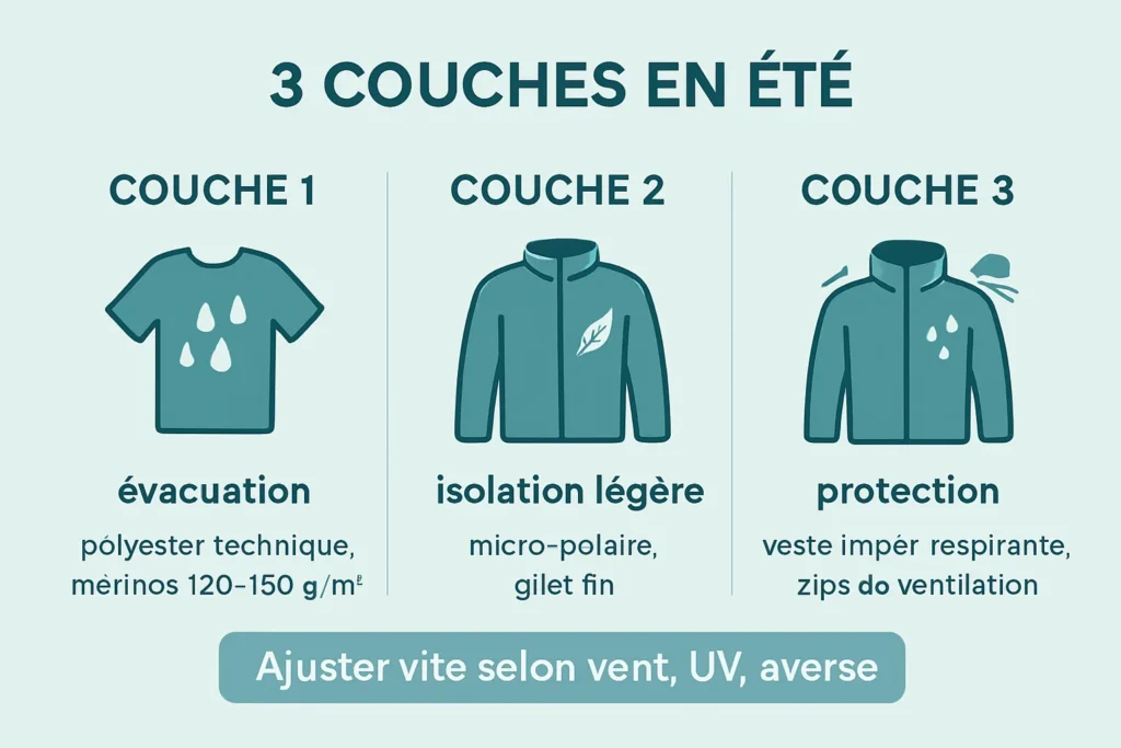Schéma système des 3 couches randonnée en été, matières et grammages.
