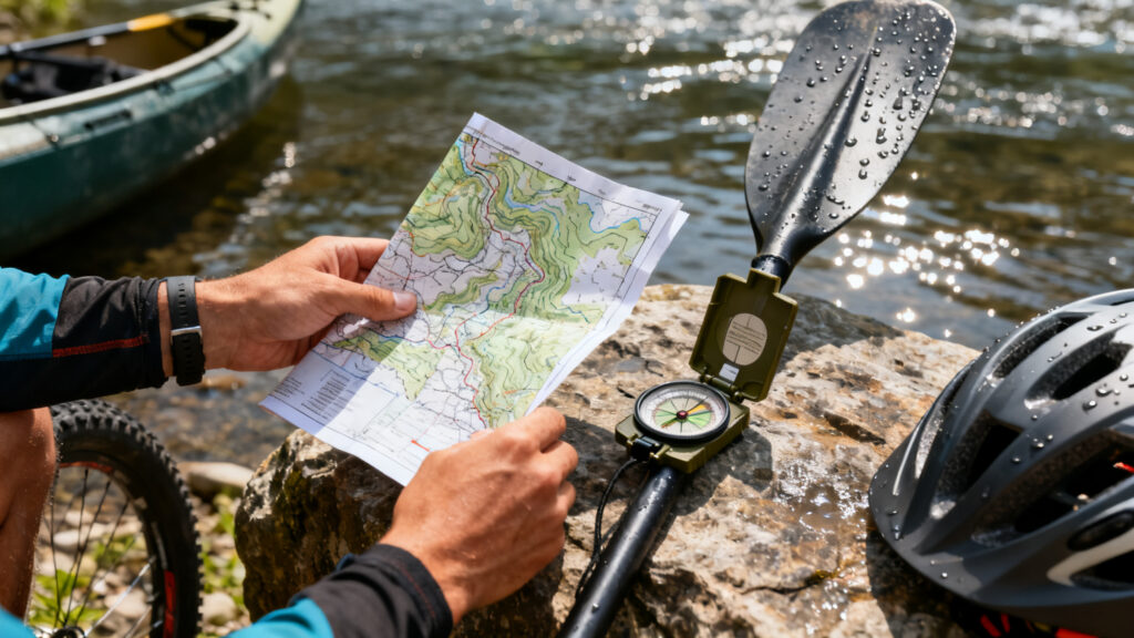 Carte topographique et boussole avec casque VTT et pagaie