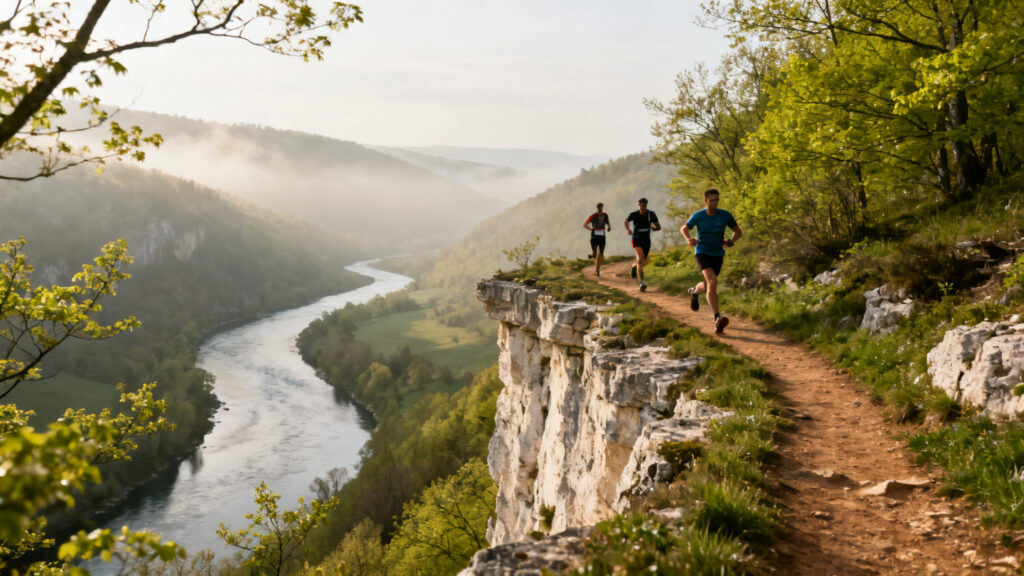 Sentier en balcon au-dessus d’une vallée, parcours printanier lumineux