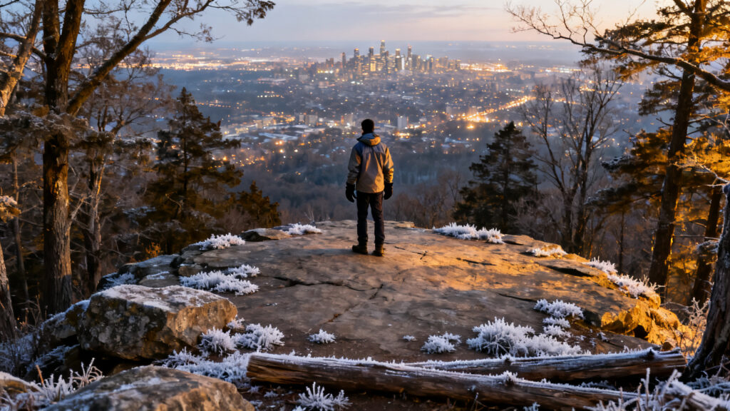 Sommet froid avec verglas, panorama urbain lointain du Vercors