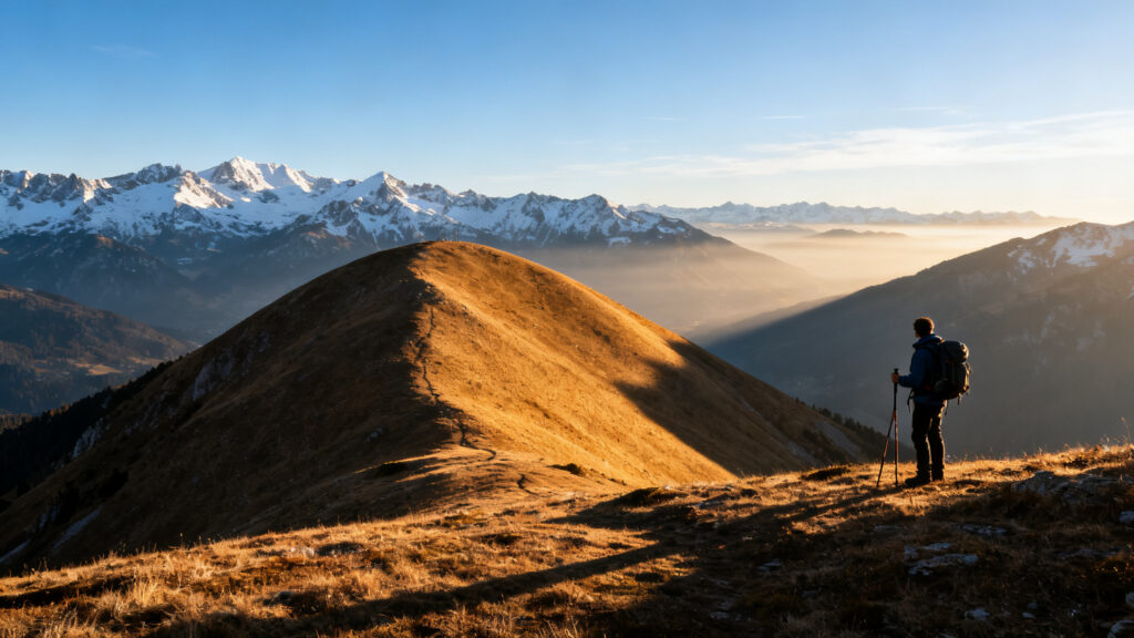 Panorama alpin vu d’un sommet arrondi à la lumière du matin