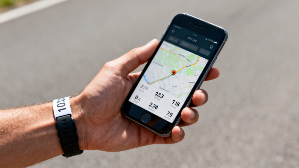 Main tenant smartphone avec live tracking et splits floutés