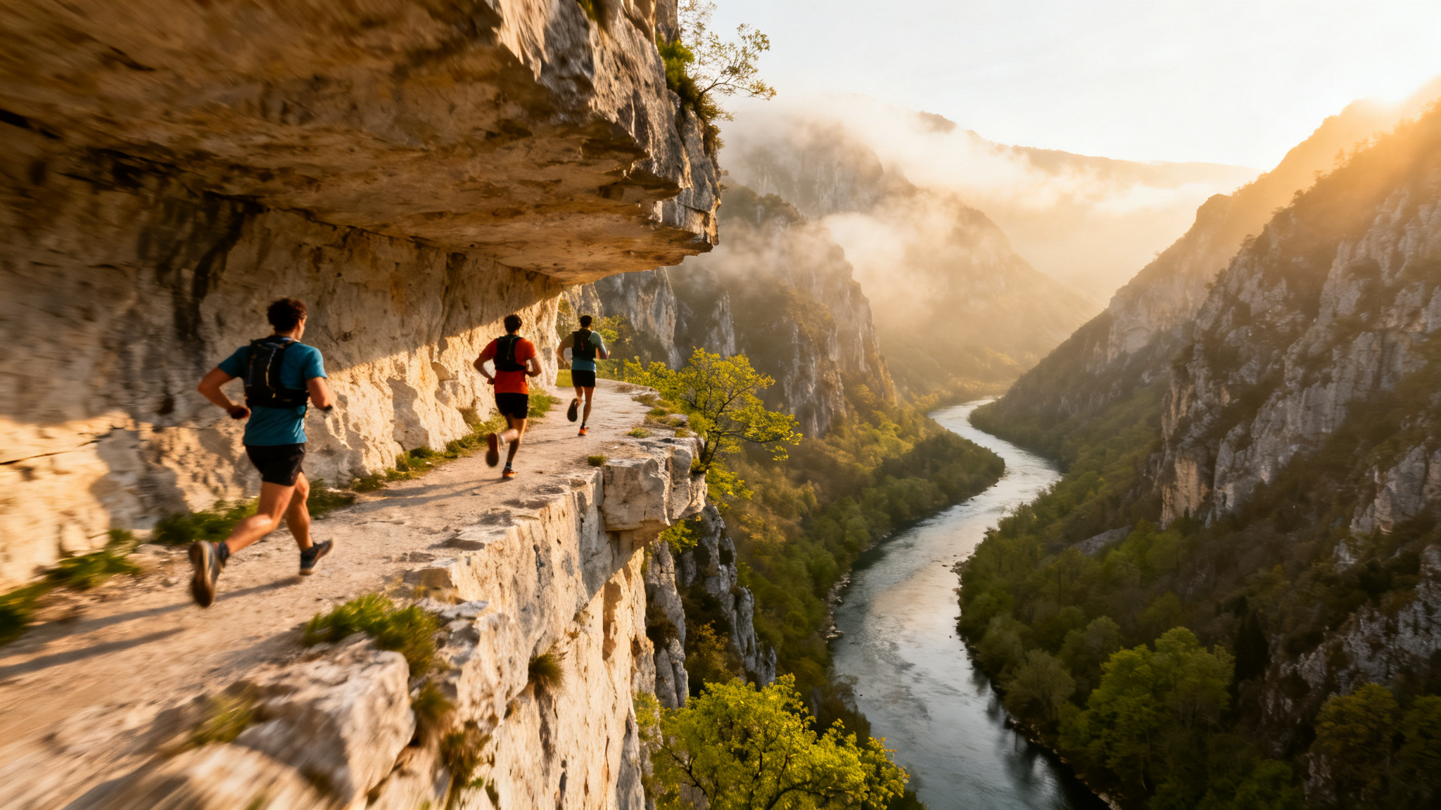 Coureurs sur un balcon rocheux du tarn valley trail