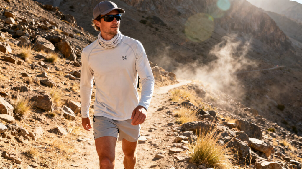 Tenue UPF 50+ avec buff et lunettes pour randonner par canicule.