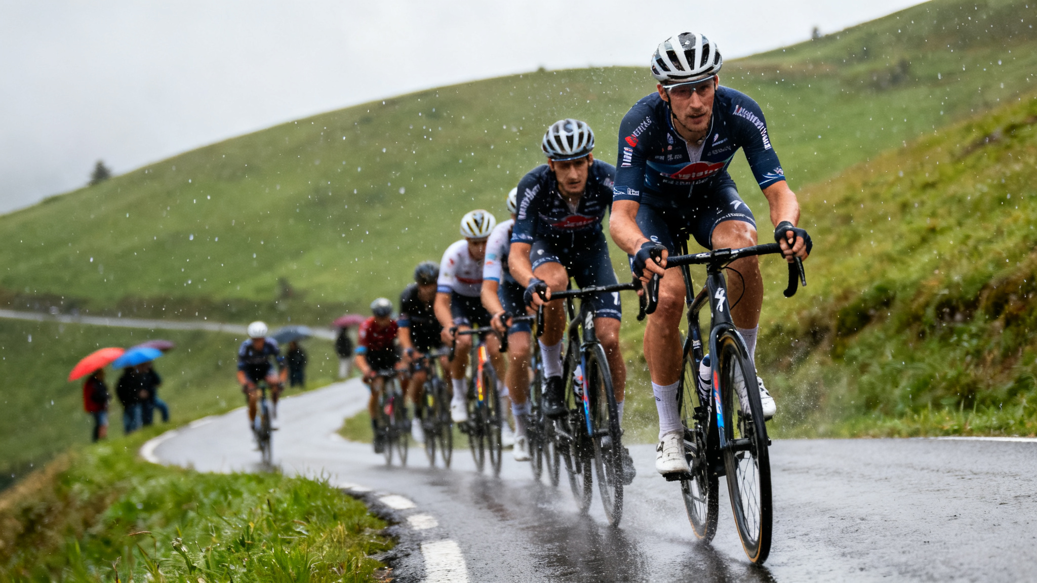 Peloton grimpant une rampe humide au Tour du Pays basque 2026