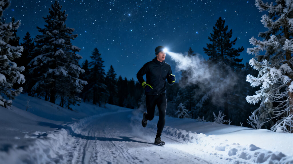 Trail blanc de nuit sur neige damée avec frontale et appuis nets