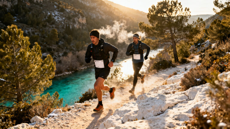 Coureurs du trail de Fontaine de Vaucluse sur monotrace calcaire