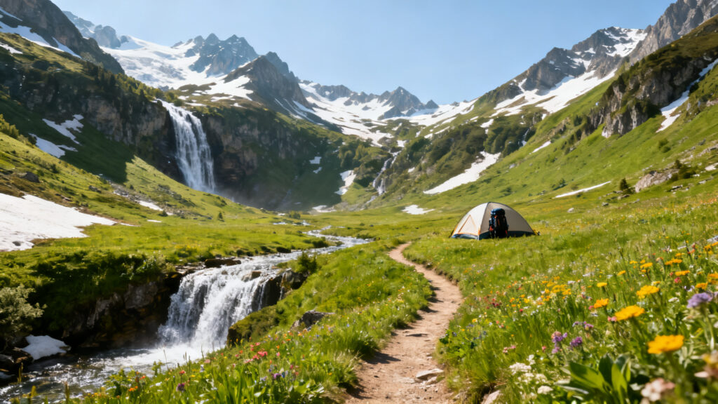 Tente de bivouac en retrait dans un vallon alpin aux cascades
