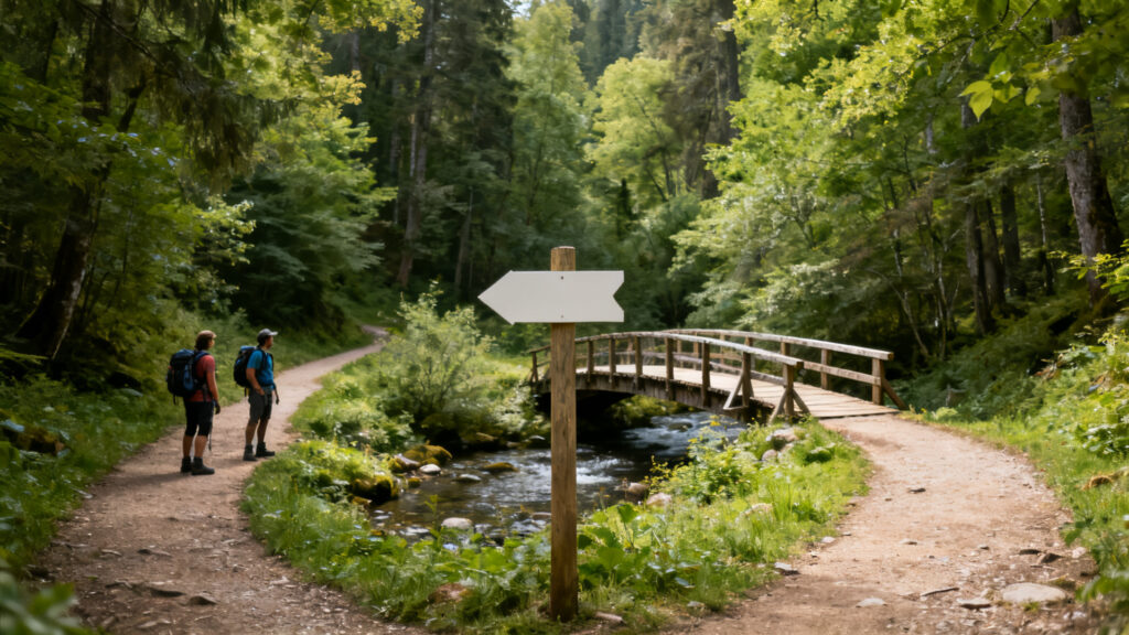 Bifurcation de sentier illustrant une variante et un raccourci