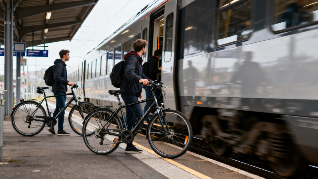 Cyclistes avec vélos sur un quai de gare régional