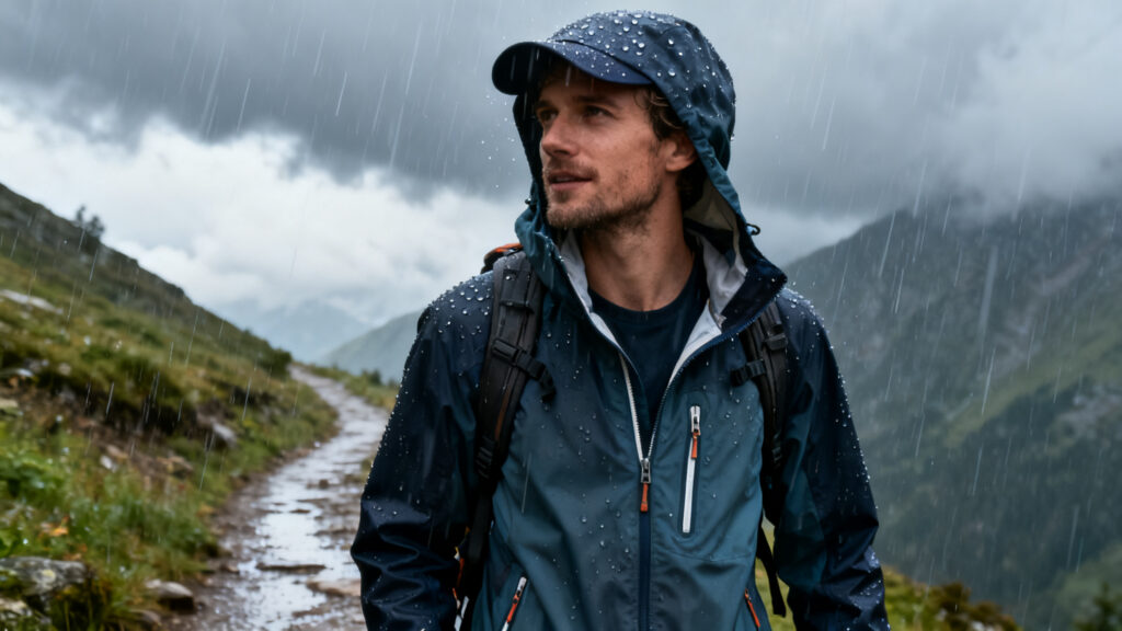 Veste imperméable respirante avec zips ouverts sous averse estivale.