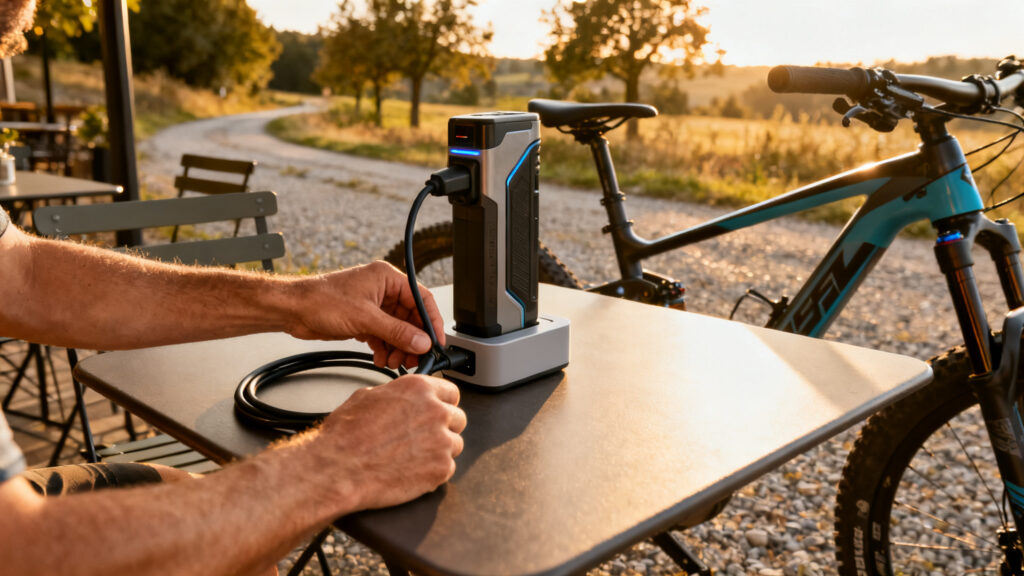 Recharge de batterie de VTTAE pendant une pause café