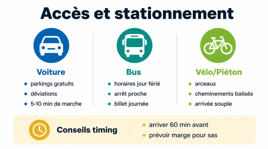 Schéma d’accès en voiture, bus et vélo avec repères clés