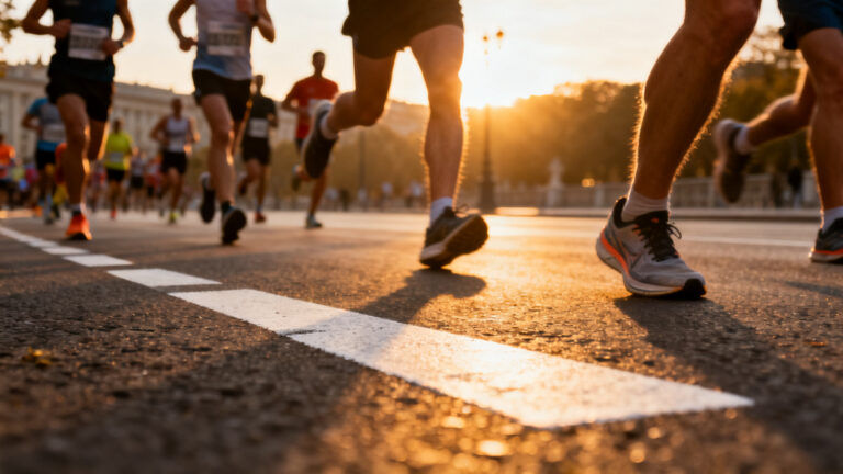 Peloton de coureurs illustrant la distance du marathon sur route