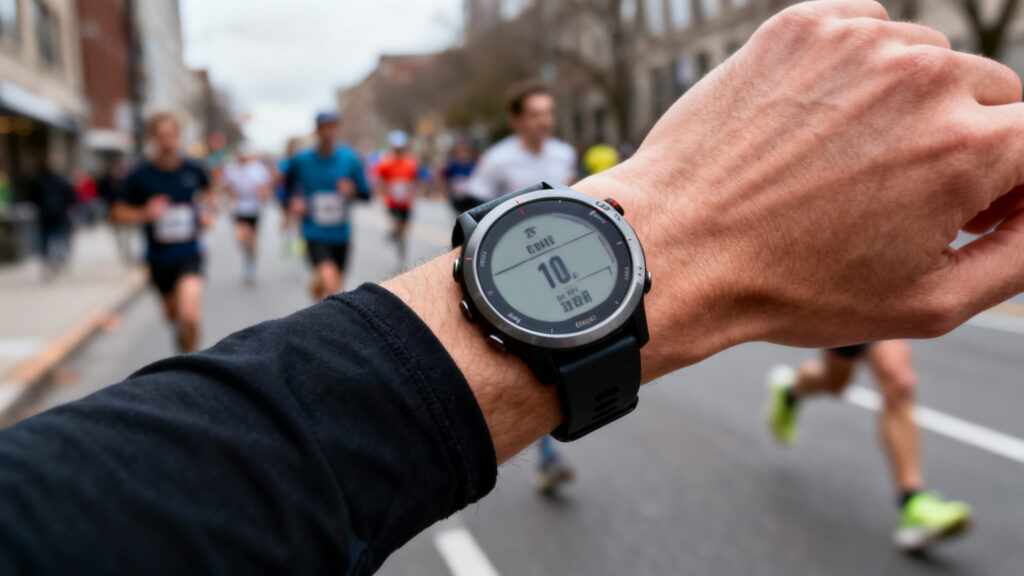 Coureur vérifiant sa montre GPS pendant un marathon en ville