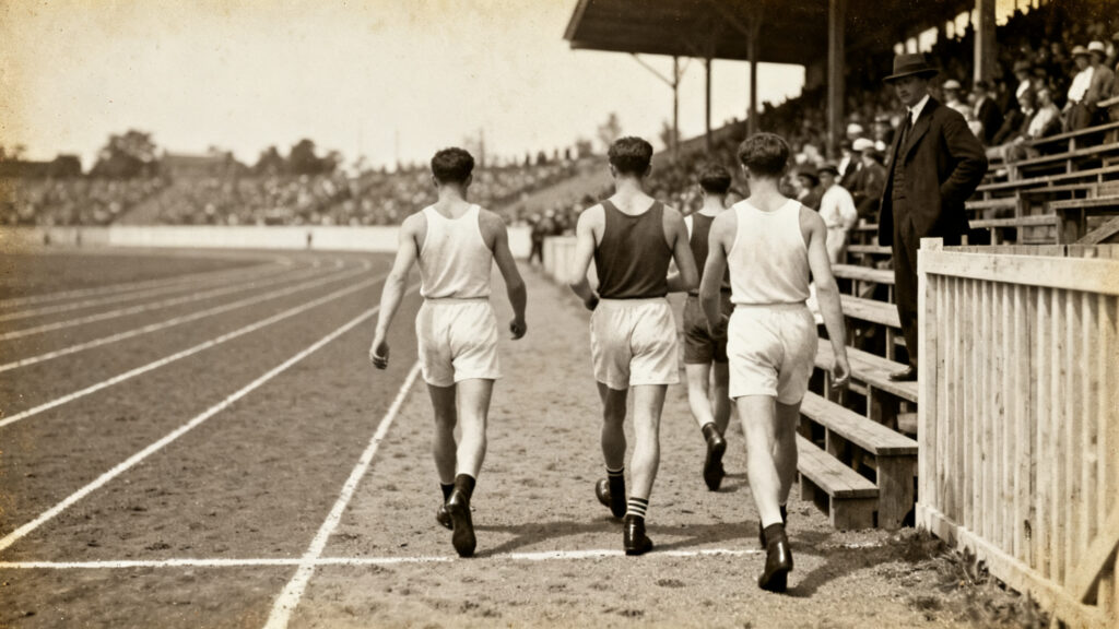 Scène vintage de coureurs évoquant Londres 1908 et 26 miles 385 yards