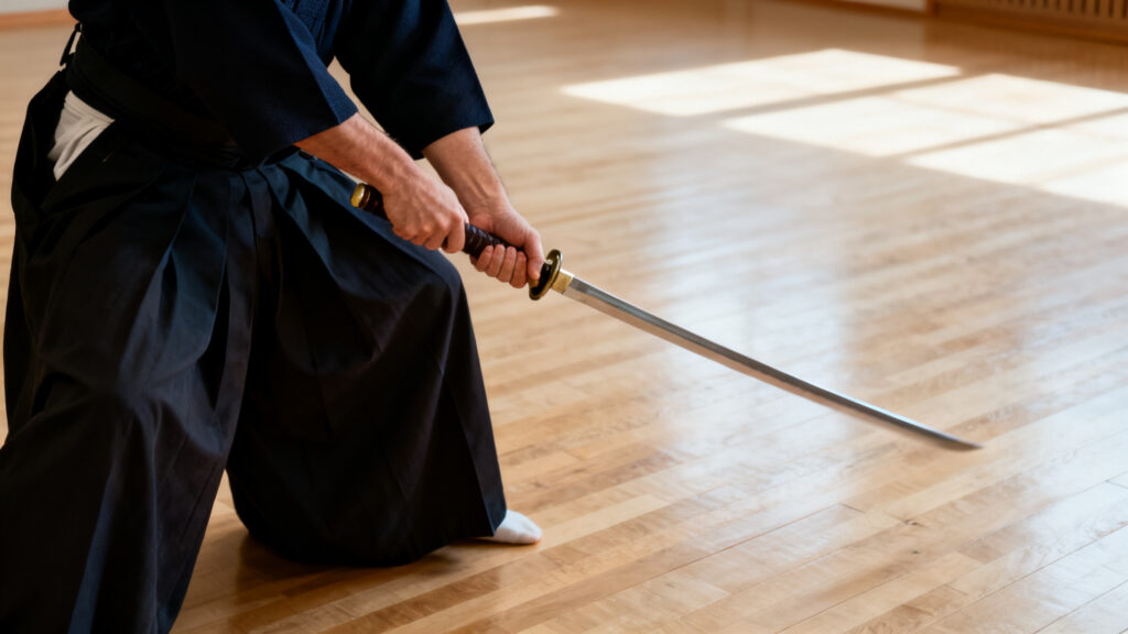 Pratiquant exécutant un dégainé de sabre en iaïdo