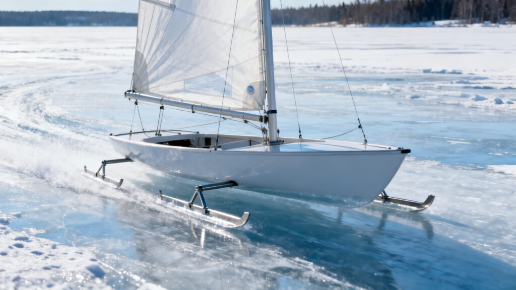 Voilier à patins naviguant sur un lac gelé