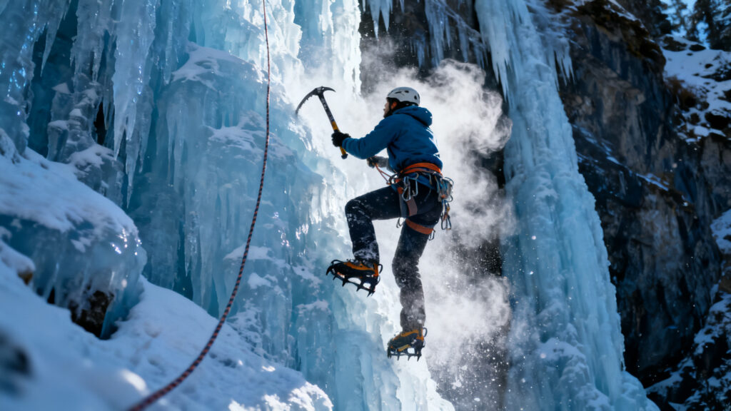 Grimpeur sur cascade gelée avec piolets et crampons