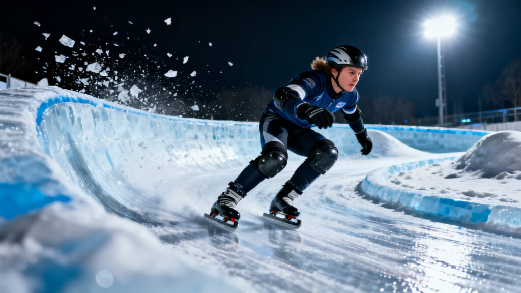 Patineur lancé sur piste d’ice cross downhill