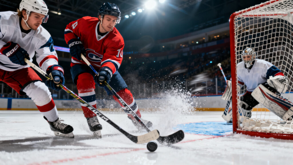 Duel au puck sur patinoire en ice hockey