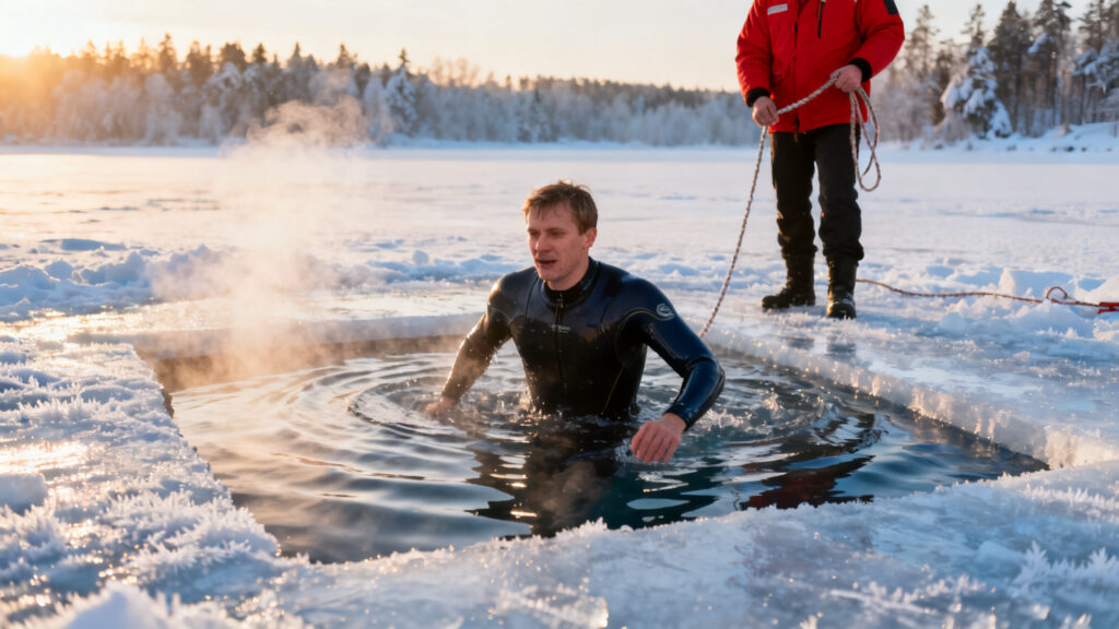 Nageur s’immergeant dans une eau glacée encadrée